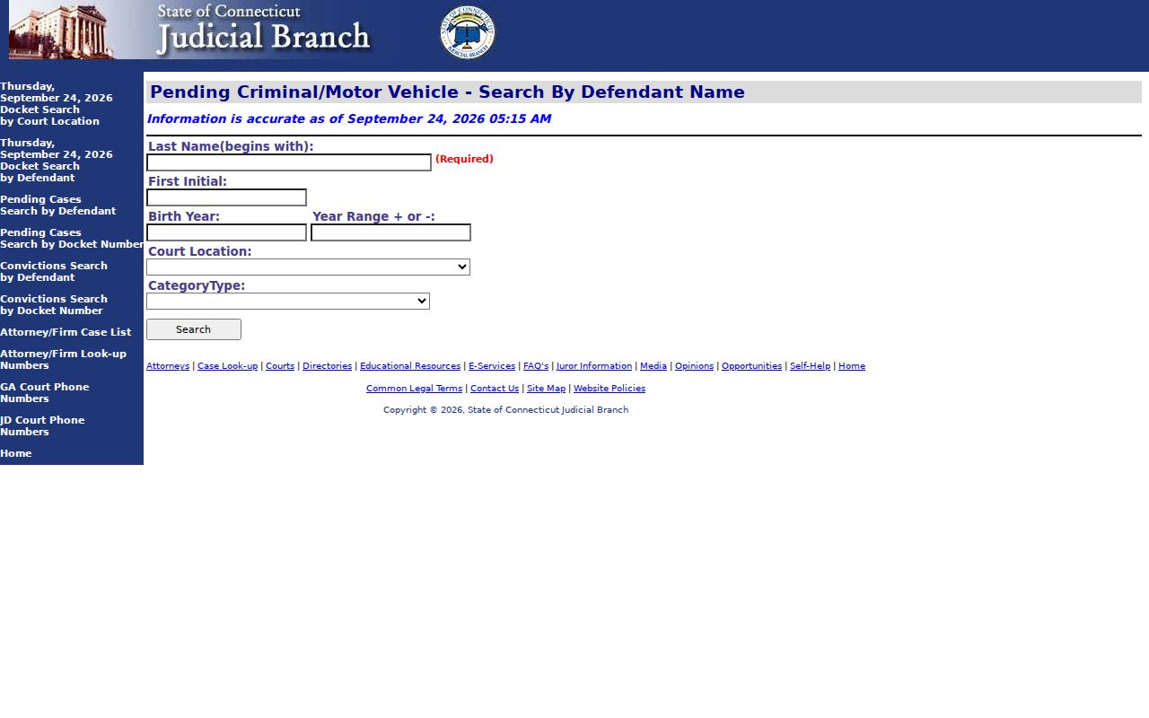 Connecticut warrant search companion showing blank pending criminal and motor-vehicle case fields