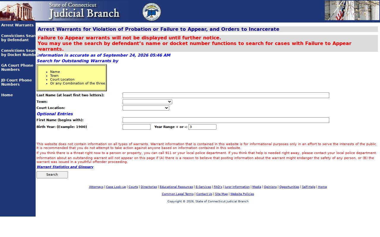 Connecticut warrant search form with town and court filters and public-scope notice