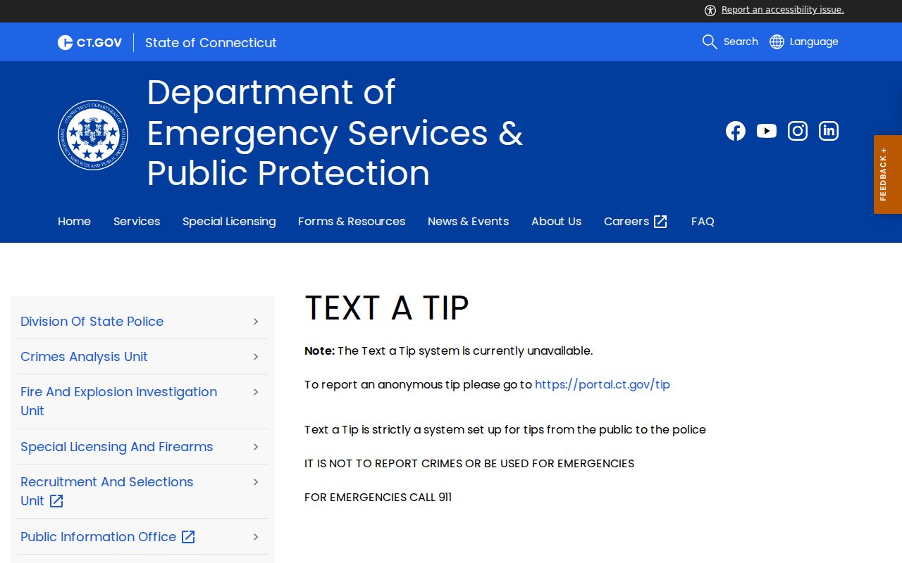 Connecticut warrant information: State Police tip page unavailable notice