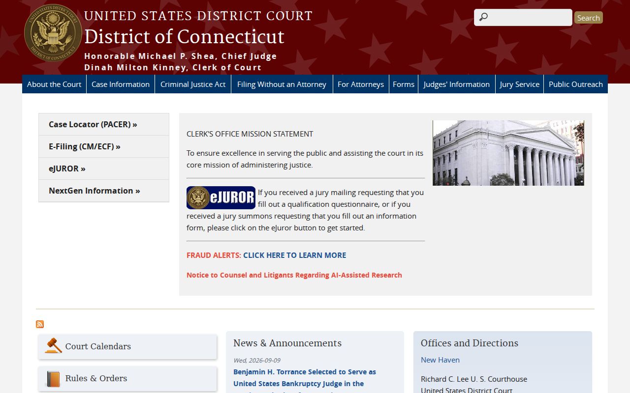Connecticut warrant database: District of Connecticut federal court page