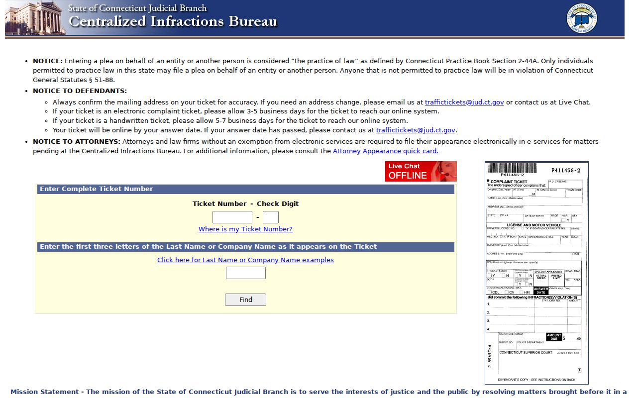 Connecticut traffic warrant records research: blank CIB ticket search fields