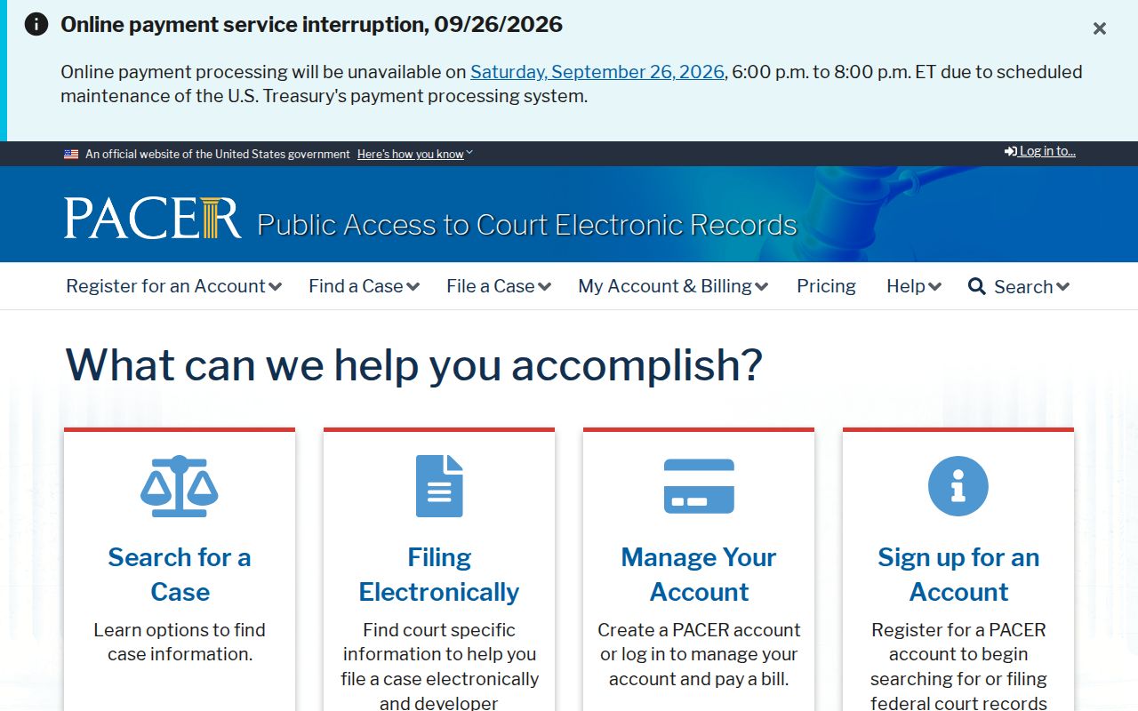 Connecticut federal warrant research: PACER federal docket search entry page