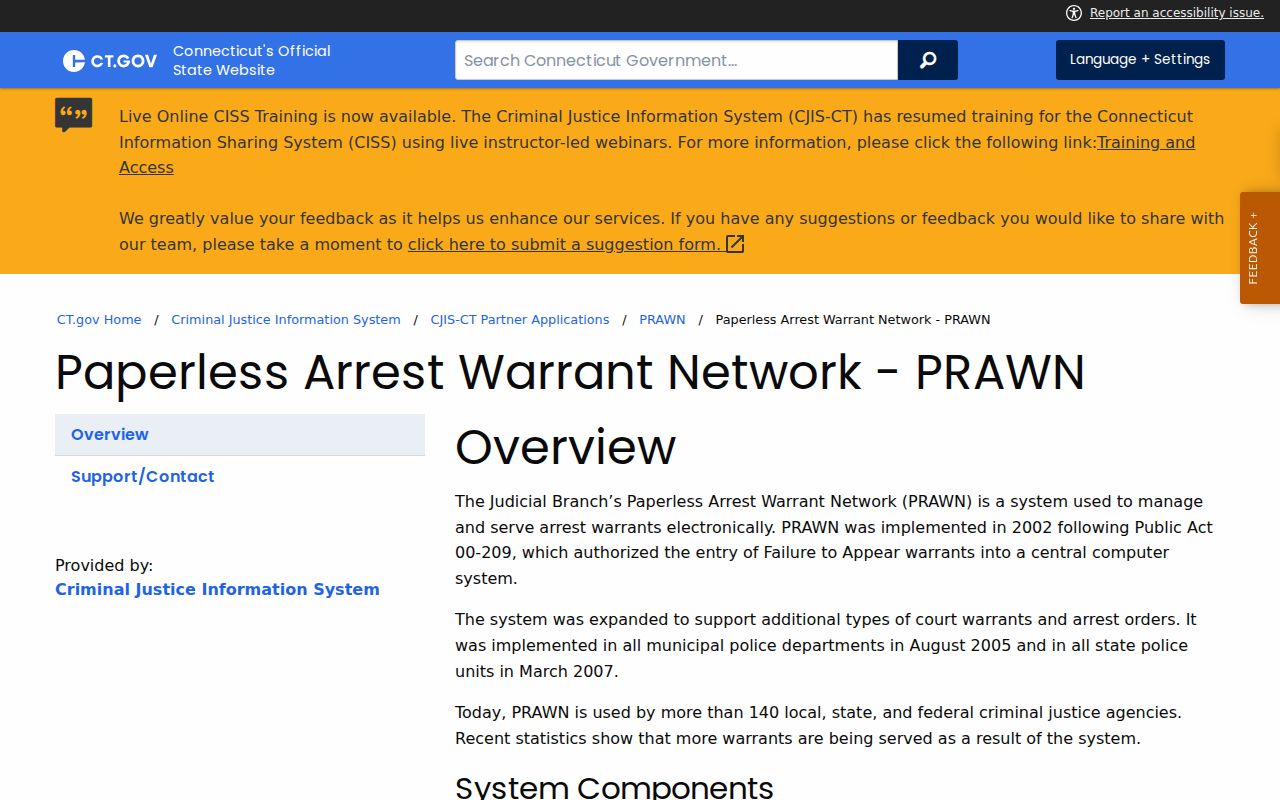 Connecticut warrant system PRAWN program title and design