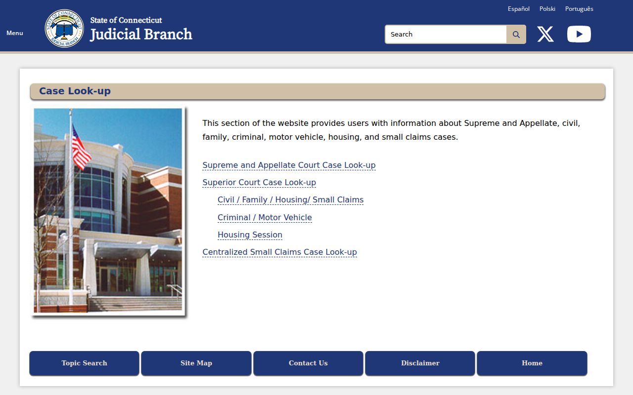 Connecticut warrant search reference showing Judicial Branch court case categories and state court routes