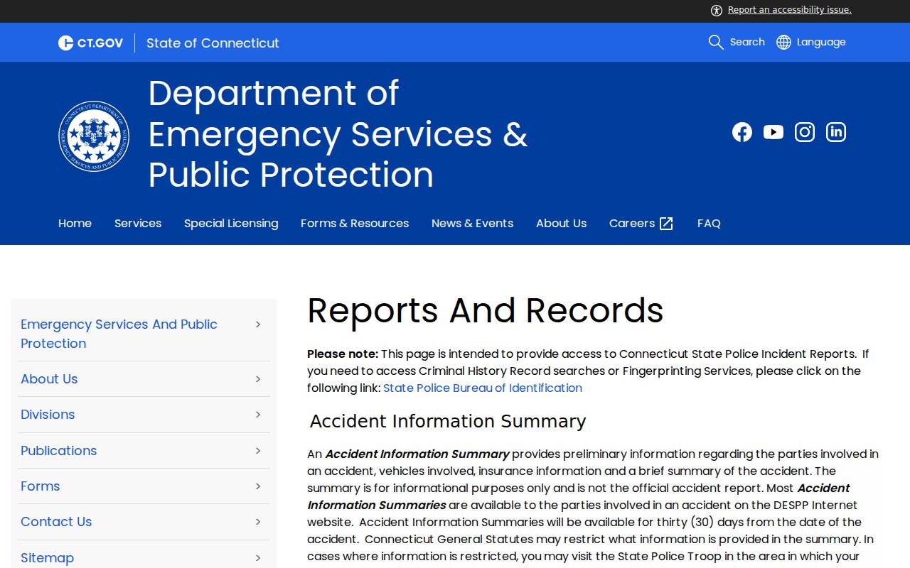 Connecticut warrant search reference showing the State Police records request access page and fee notice