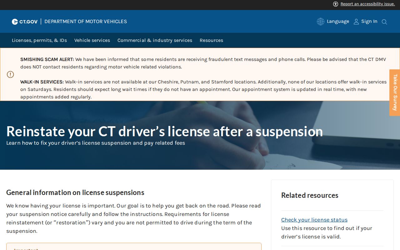 Connecticut traffic warrant records research: DMV suspension notice and reopen instructions